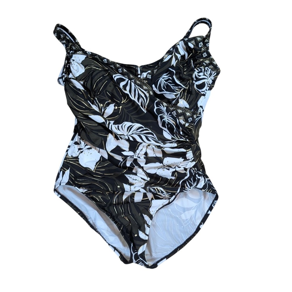 Miraclesuit Sanibel One Piece Swimsuit Black Gold Tropical Underwire 18DD